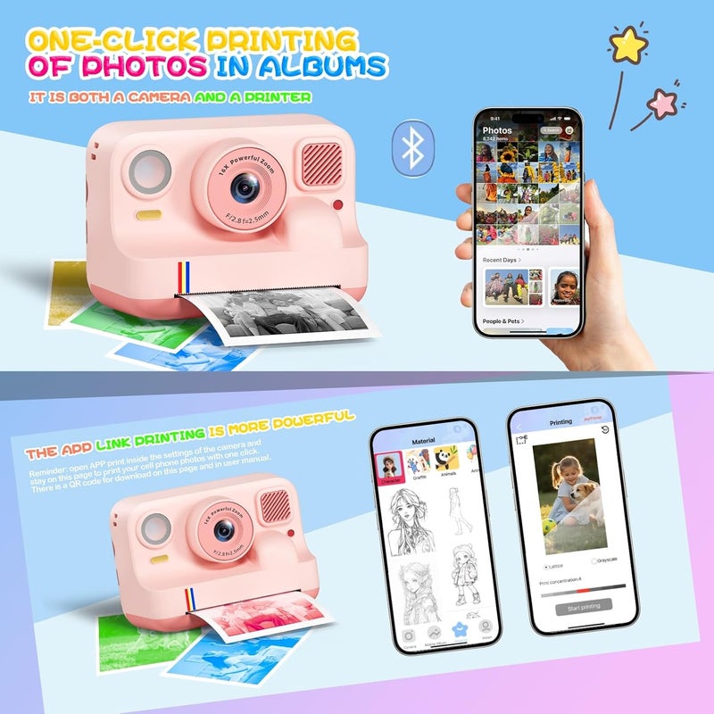BILEBAK Instant Print Camera for Kids, Christmas Birthday Gifts for Girls Boys Age 3-15, 1080P Selfie Portable Digital Video Camera with 32GB SD Card, 3-Colored Print Paper- Pink - Image 3